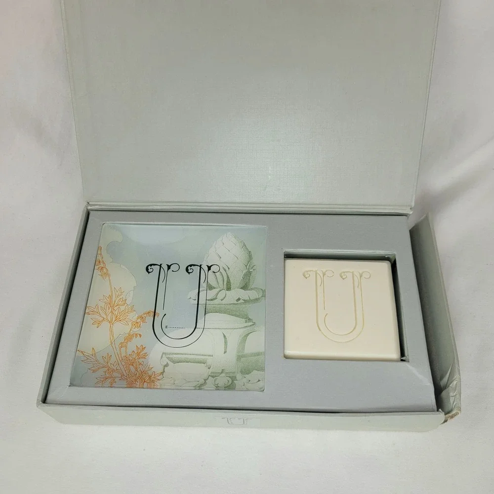 Fringe Studio Monogram U Soap and Glass Trinket Tray Gift Set Bamboo Gingergrass